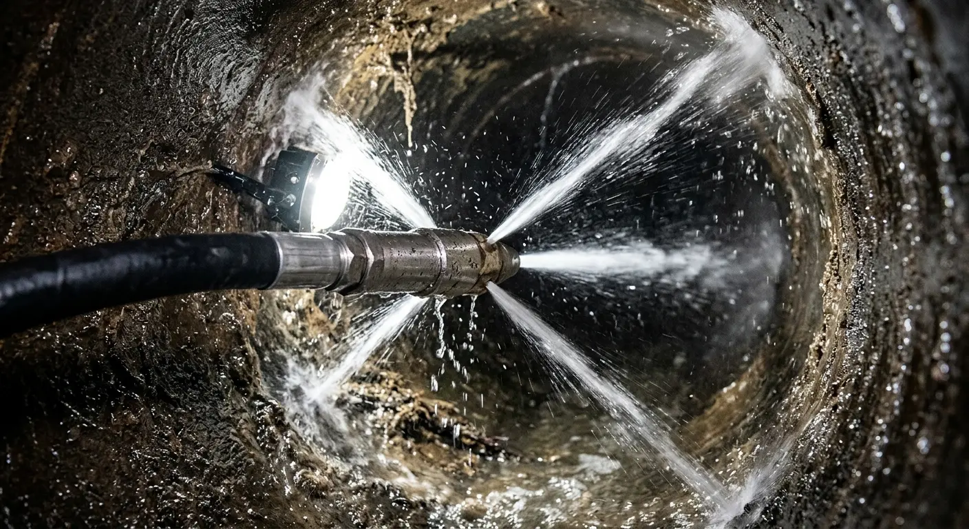 High-pressure hydro jetting nozzle cleaning sewer pipe for Sewer Line Relining in Hampton