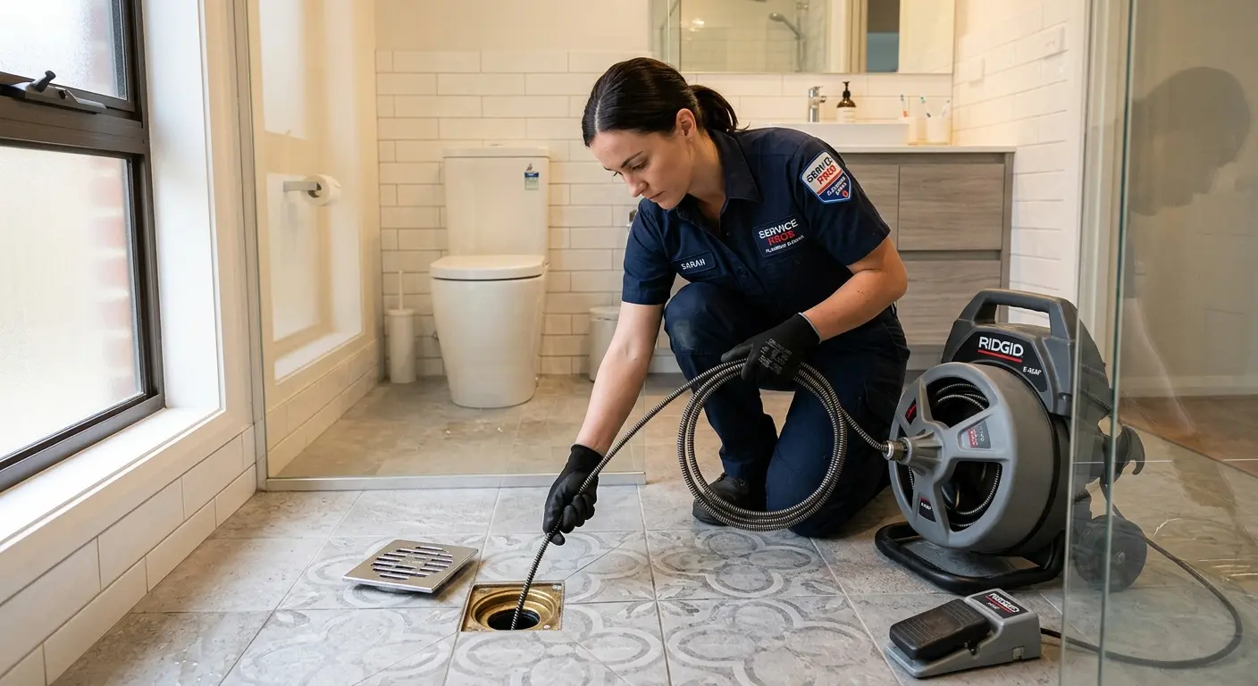 Technician clearing a bathroom floor drain for Drain Cleaning in Hampton